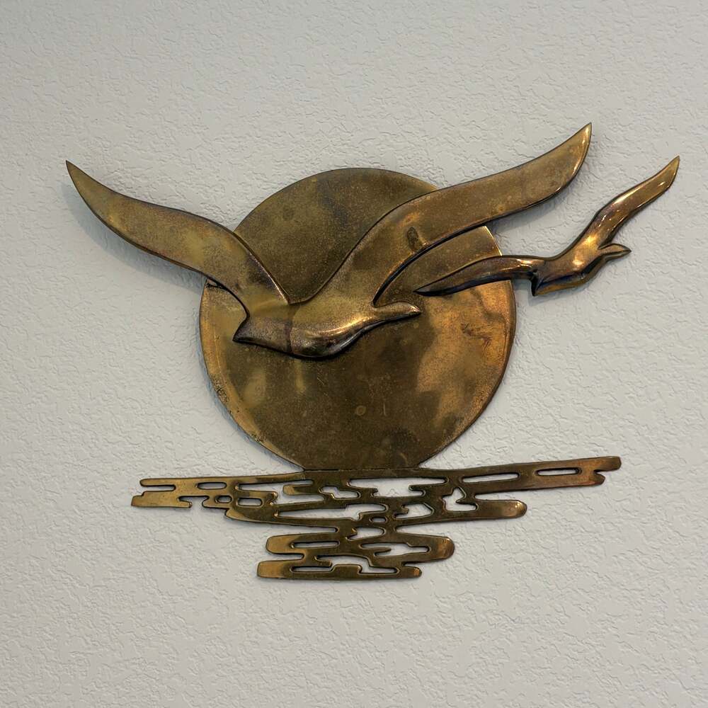 MCM Brass Birds in Flight Sunset Sea Wall Hanging Decor 1970s Korea 11x17